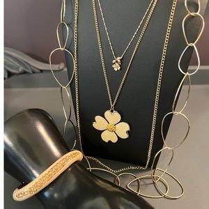 VINTAGE Set: Signed Gold Enamel Dogwood Floral w/Enamal Rhinestone Bracelet